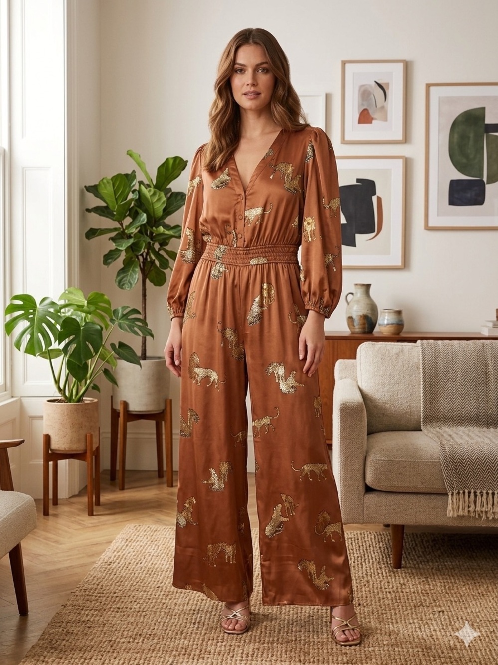 Umgee USA Womens L Leopard Cheetah Jumpsuit NWT Rust Wide Leg Long Sleeve Boho